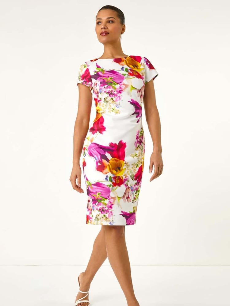 Roman White Floral Scuba Shift Dress - Image 1 of 5