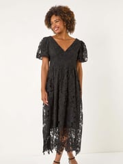 Roman Black Crochet Lace V-Neck Midi Dress - Image 4 of 5