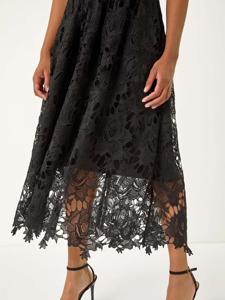 Roman Black Crochet Lace V-Neck Midi Dress - Image 5 of 5
