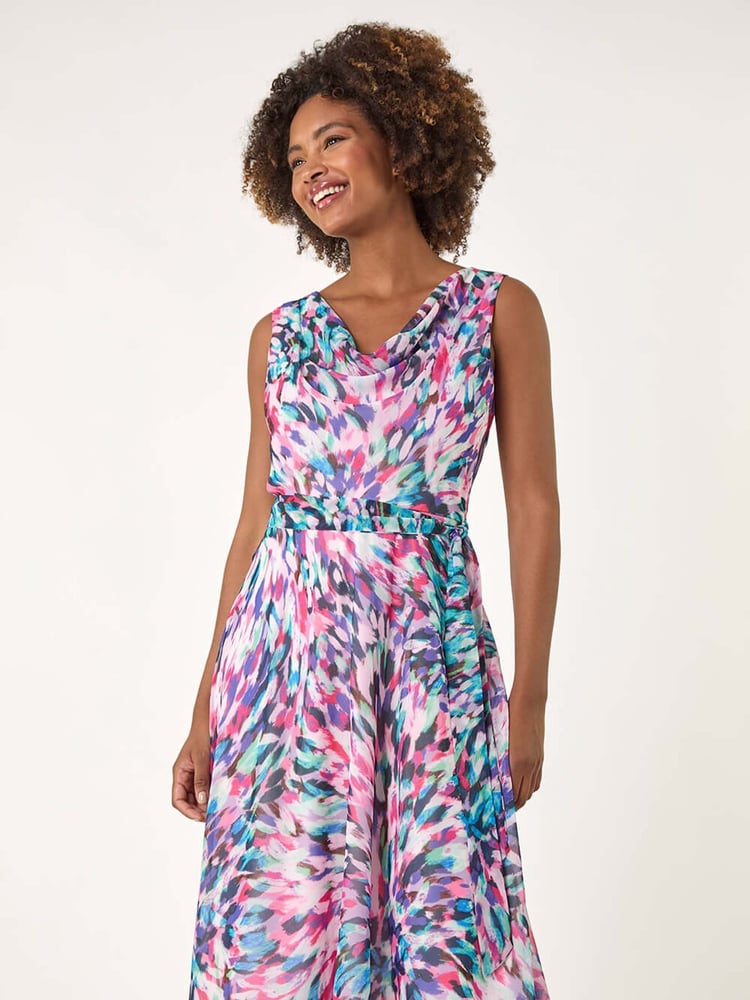Roman Multi Abstract Print Chiffon Cowl Neck Dress - Image 1 of 5
