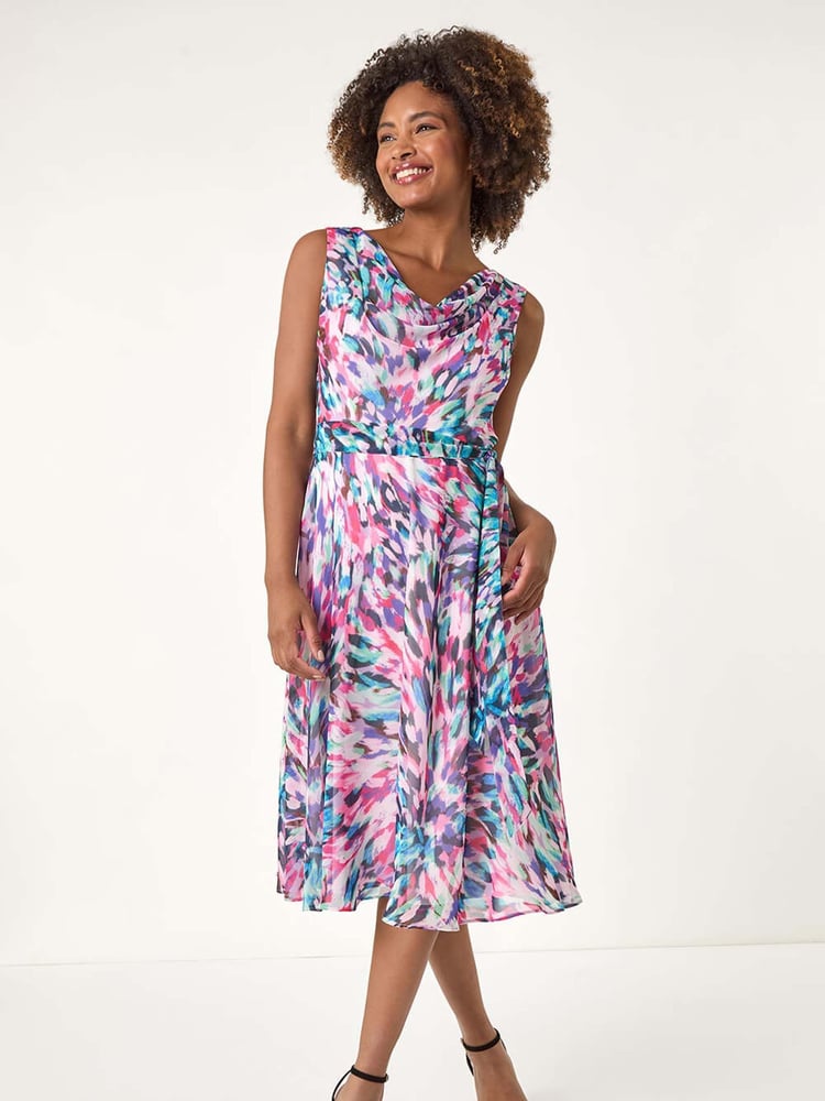 Roman Multi Abstract Print Chiffon Cowl Neck Dress - Image 2 of 5