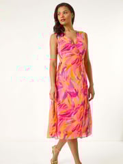 Roman Pink Floral Print Wrap Chiffon Midi Dress - Image 1 of 5
