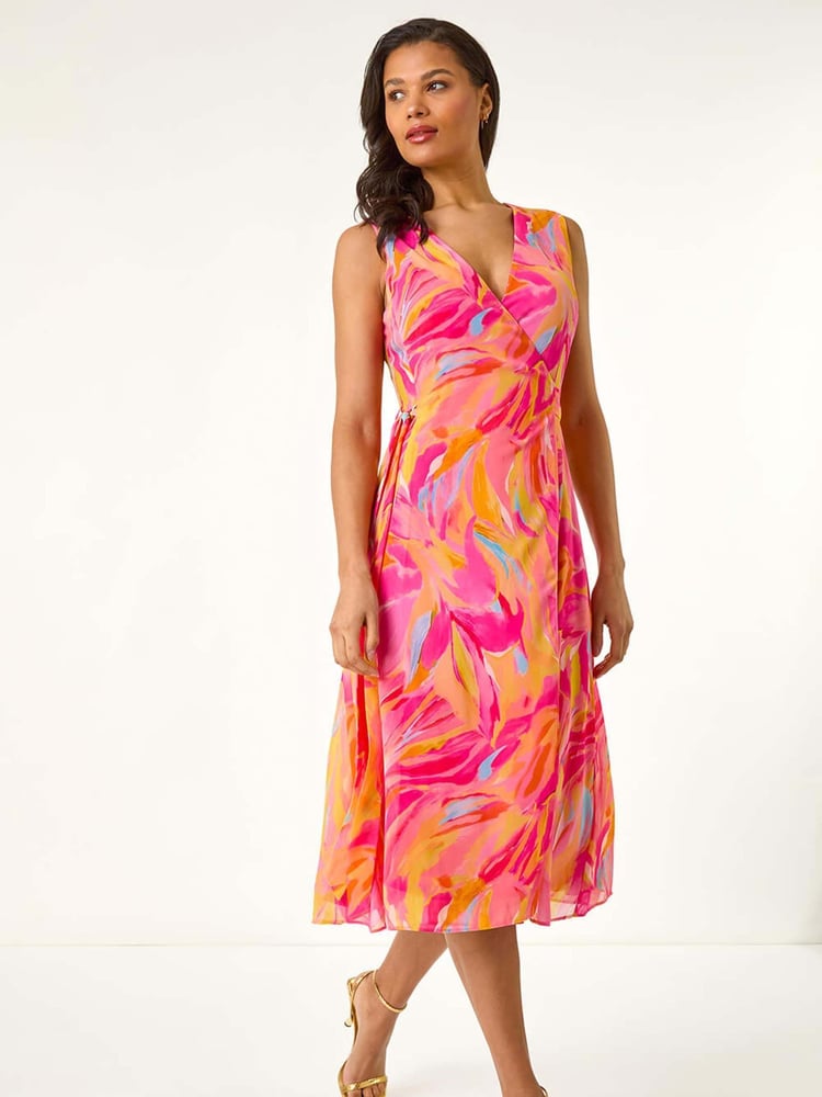Roman Pink Floral Print Wrap Chiffon Midi Dress - Image 1 of 5