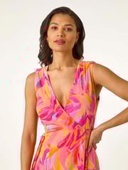 Roman Pink Floral Print Wrap Chiffon Midi Dress - Image 4 of 5