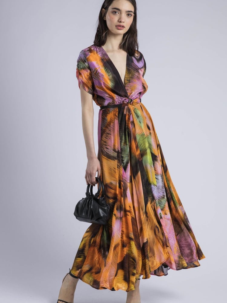 Religion Orange Crest Maxi Wrap Dress In Silky Fabric In Obscure Print - Image 1 of 6