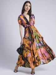 Religion Orange Crest Maxi Wrap Dress In Silky Fabric In Obscure Print - Image 4 of 6