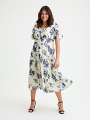 Scarlett & Jo Cream Blue Victoria Angel Sleeve Mesh Long Midi Dress - Image 1 of 4