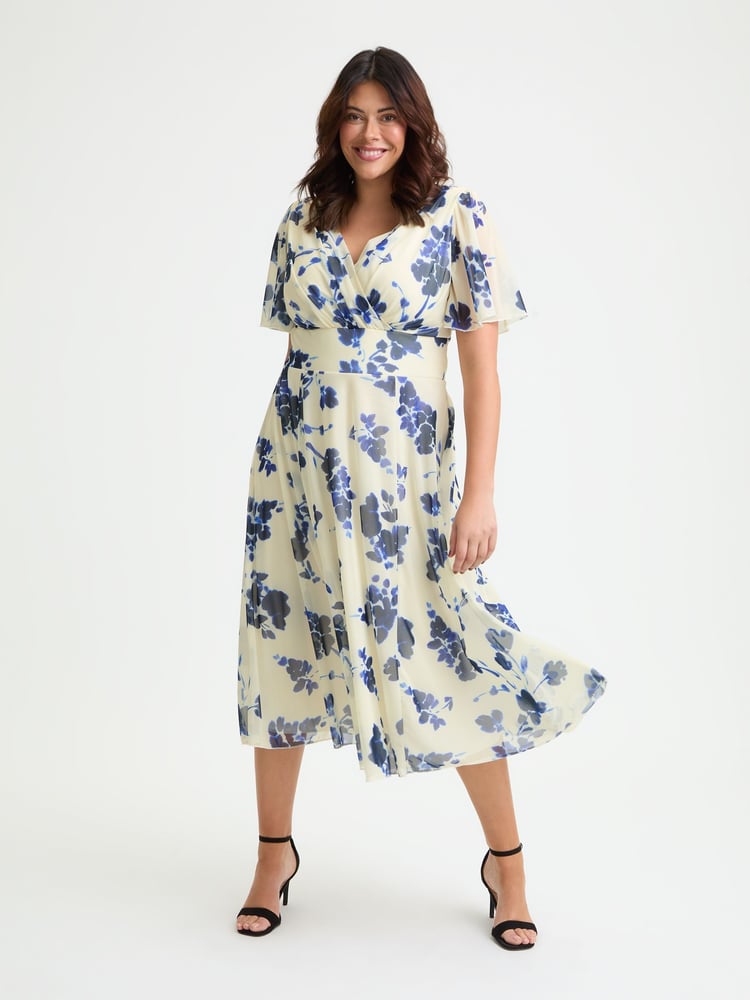 Scarlett & Jo Cream Blue Victoria Angel Sleeve Mesh Long Midi Dress - Image 1 of 4