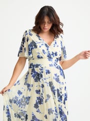 Scarlett & Jo Cream Blue Victoria Angel Sleeve Mesh Long Midi Dress - Image 3 of 4