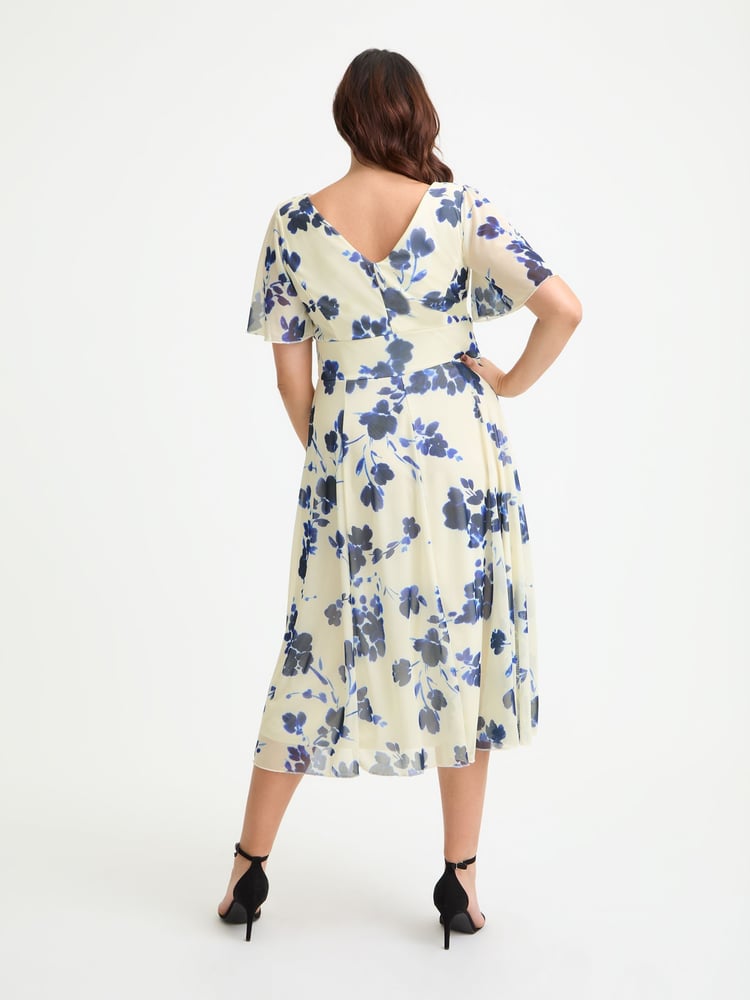 Scarlett & Jo Cream Blue Victoria Angel Sleeve Mesh Long Midi Dress - Image 4 of 4