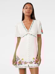 Forever New White Pure Linen Veanne Embroidered Tea Mini Dress - Image 1 of 5