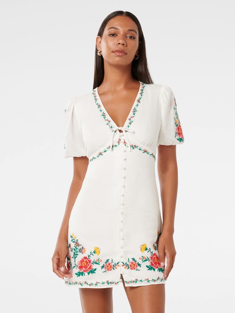Forever New White Pure Linen Veanne Embroidered Tea Mini Dress - Image 1 of 5