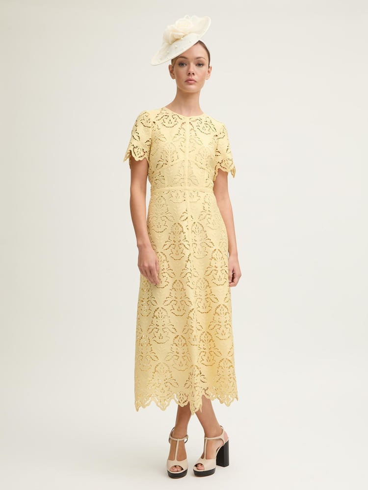 LK Bennett Yellow Georgia Italian Straw Lace Midi Dress - Image 1 of 3