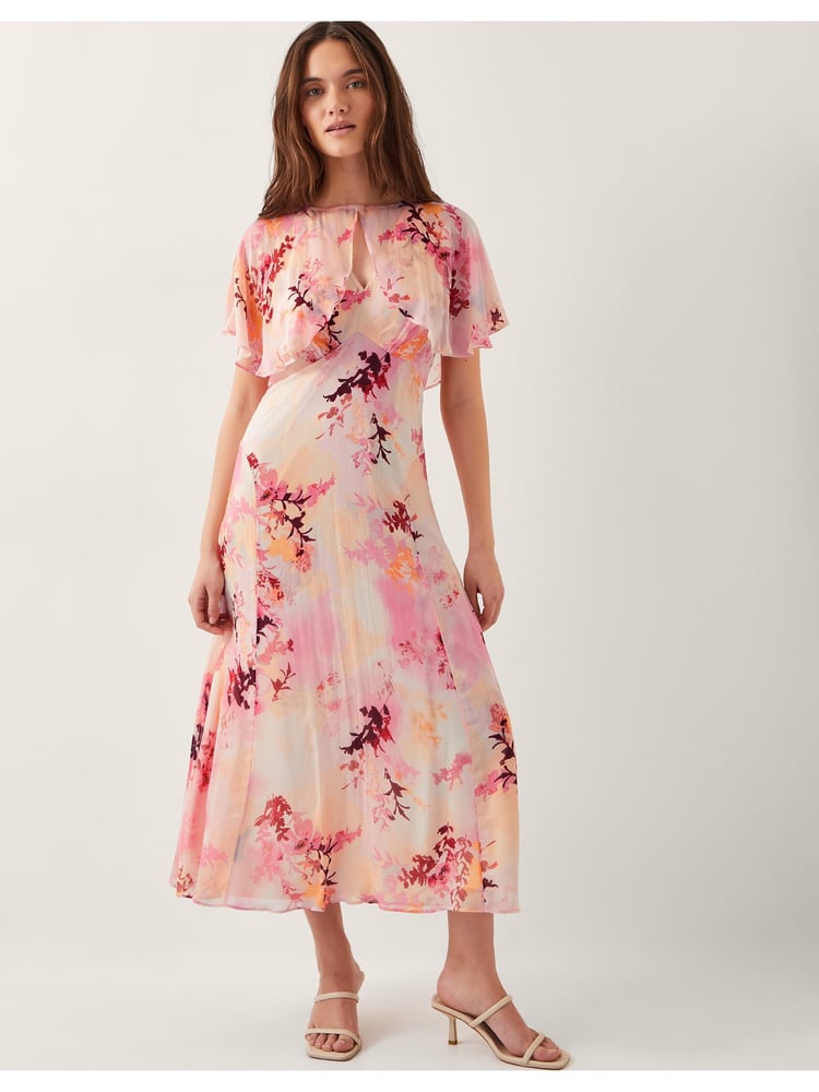 Monsoon Pink Mia Floral Print Cape Midi Dress - Image 1 of 5