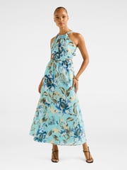 Forever New Blue Dakota Printed Halter Neck Midi Dress Contains Linen - Image 1 of 5