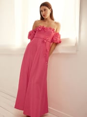 Forever New Pink Cora Floral Print Appliqué Midi Dress Contains Linen - Image 1 of 4