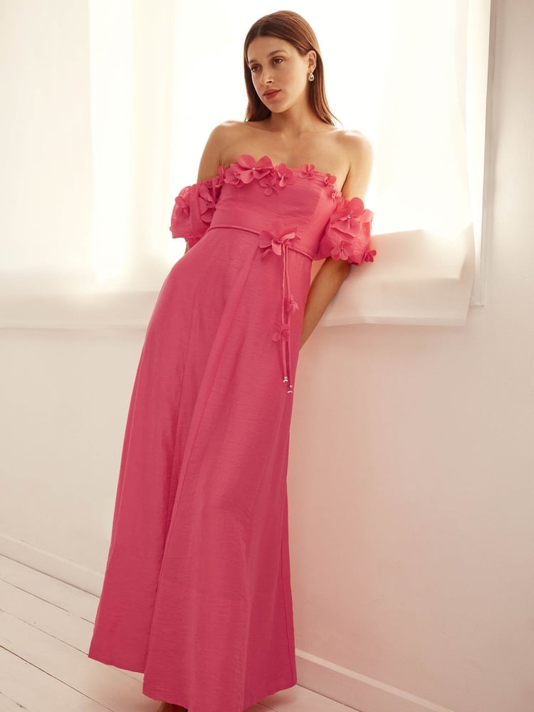 Forever New Pink Cora Floral Print Appliqué Midi Dress Contains Linen - Image 1 of 4