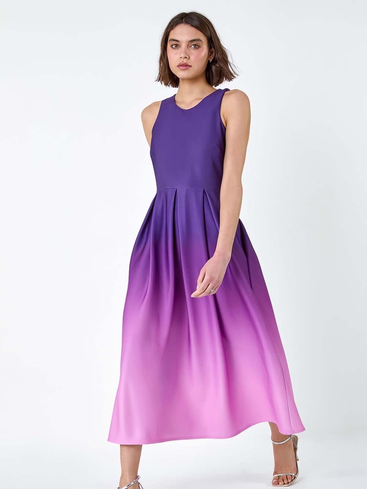 Roman Purple Ombre Pleated Luxe Stretch Midi Dress - Image 1 of 5