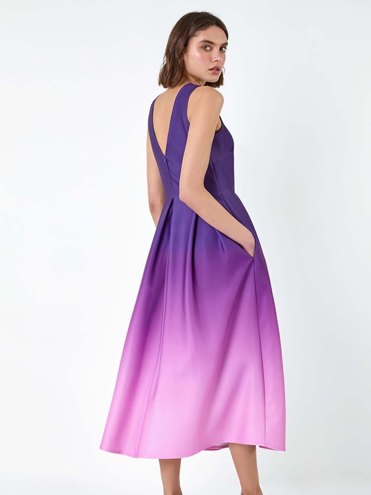 Roman Purple Ombre Pleated Luxe Stretch Midi Dress - Image 2 of 5