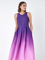 Roman Purple Ombre Pleated Luxe Stretch Midi Dress - Image 3 of 5