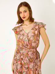 Roman Brown Snake Print Asymmetric Tiered Midi Dress - Image 4 of 5