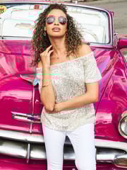 Sosandar Silver Sequin Bardot Short Sleeve Top - Image 2 of 4