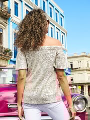 Sosandar Silver Sequin Bardot Short Sleeve Top - Image 3 of 4
