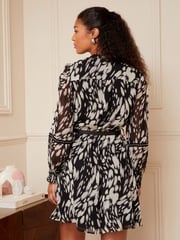 Love & Roses Black Smudge Petite Chiffon V Neck Elasticated Sleeve Belted Mini Dress - Image 3 of 4