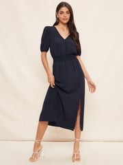 Friends Like These Navy Puff Sleeve Ruched Waist V Neck Midi Dress - Image 1 of 4