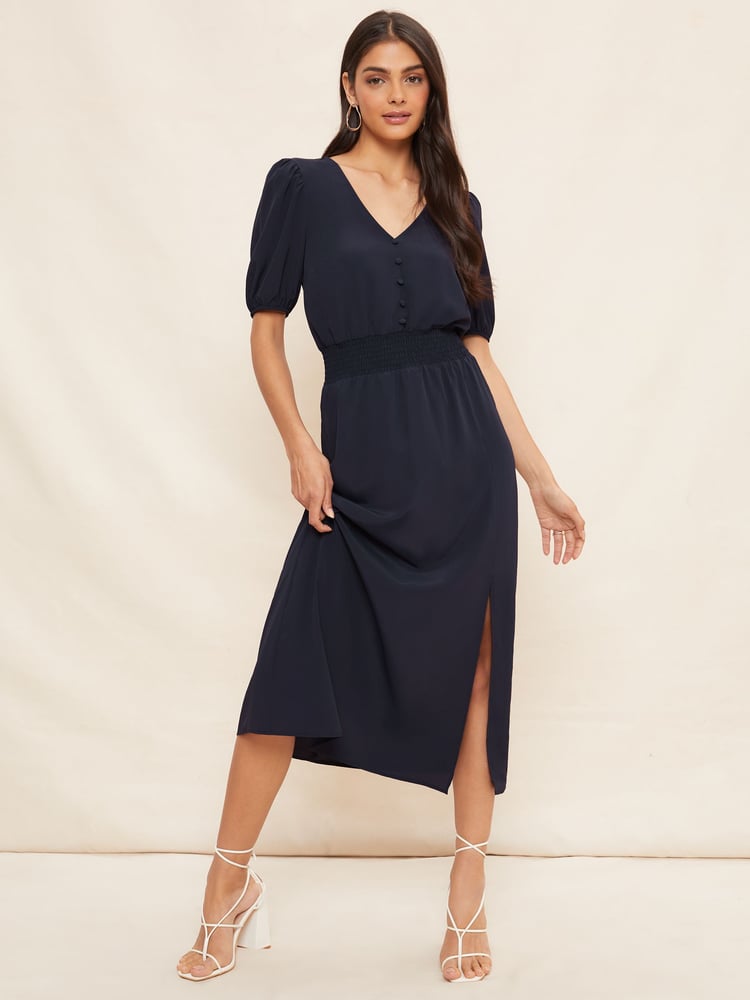 Friends Like These Navy Puff Sleeve Ruched Waist V Neck Midi Dress - Image 1 of 4