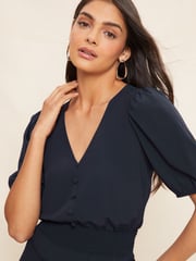 Friends Like These Navy Puff Sleeve Ruched Waist V Neck Midi Dress - Image 2 of 4
