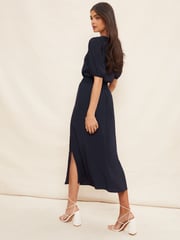 Friends Like These Navy Puff Sleeve Ruched Waist V Neck Midi Dress - Image 4 of 4