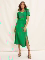 Friends Like These Bright Green Puff Sleeve Ruched Waist V Neck Midi Summer Dress - Image 1 of 4