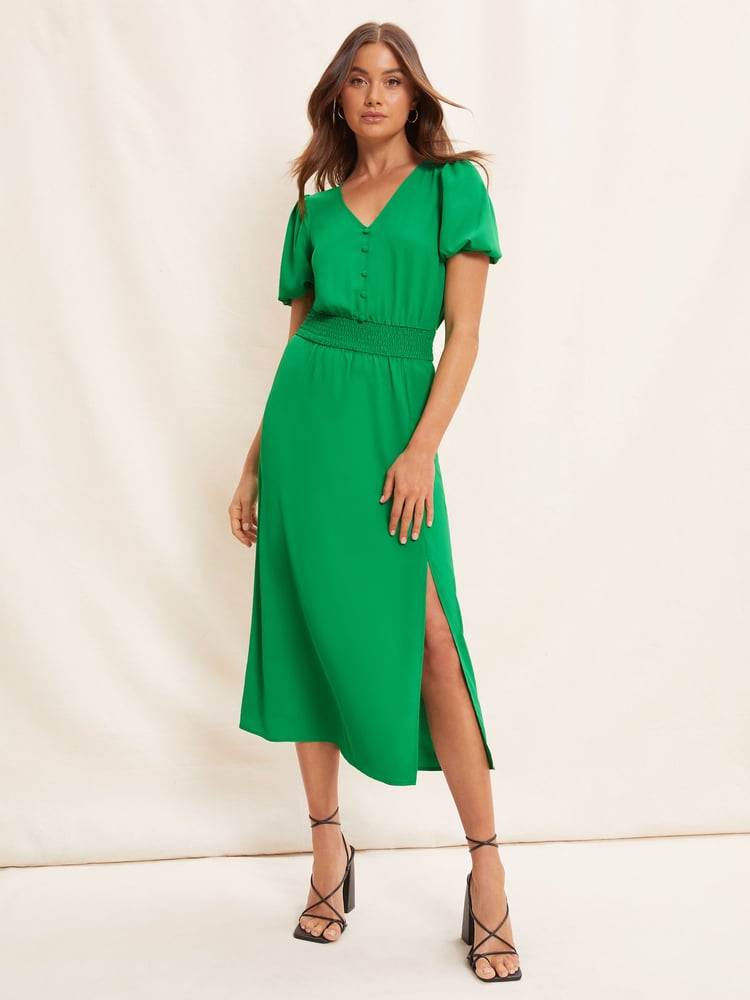 Friends Like These Bright Green Puff Sleeve Ruched Waist V Neck Midi Summer Dress - Image 1 of 4