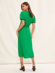 Friends Like These Bright Green Puff Sleeve Ruched Waist V Neck Midi Summer Dress - Image 2 of 4