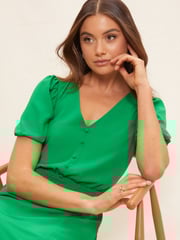 Friends Like These Bright Green Puff Sleeve Ruched Waist V Neck Midi Summer Dress - Image 4 of 4