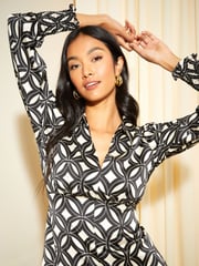 Friends Like These Black/White Empire V Neck Collared Long Sleeve Midi Dress - Image 2 of 4