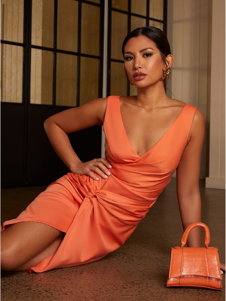 Chi Chi London Orange V Neck Wrap Detail Midi Dress - Image 5 of 5
