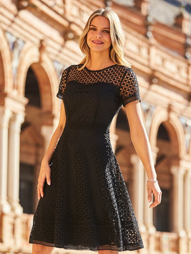 Sosandar Black Guipure Lace Short Sleeve Fit And Flare Dress - Image 2 of 5