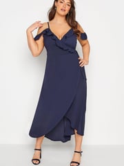 Yours Curve Blue London Ruffle Wrap Cold Shoulder Maxi Dress - Image 1 of 5