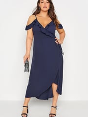 Yours Curve Blue London Ruffle Wrap Cold Shoulder Maxi Dress - Image 2 of 5