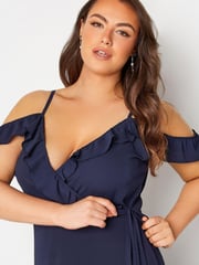 Yours Curve Blue London Ruffle Wrap Cold Shoulder Maxi Dress - Image 4 of 5