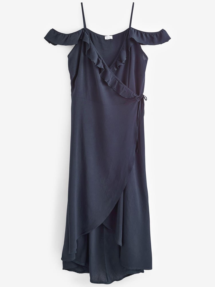 Yours Curve Blue London Ruffle Wrap Cold Shoulder Maxi Dress - Image 5 of 5