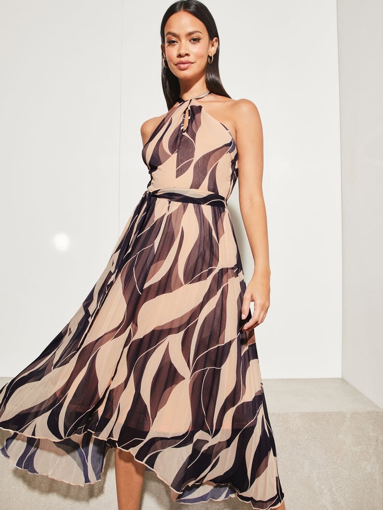 Lipsy Navy/ Blush Wiggle Halterneck Pleated Belted Midi Dress - Image 1 of 4 Lipsy Navy/ Blush Wiggle Halterneck Pleated Belted Midi Dress - Image 1 of 4