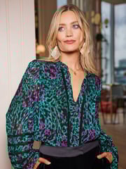 Love & Roses Green Animal Petite Ruffle Neck Lace Trim Long Sleeve Button Through Blouse - Image 1 of 4