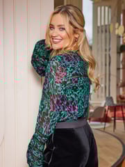 Love & Roses Green Animal Petite Ruffle Neck Lace Trim Long Sleeve Button Through Blouse - Image 3 of 4