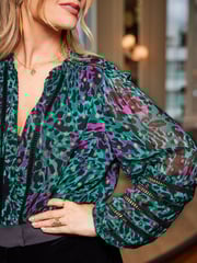 Love & Roses Green Animal Petite Ruffle Neck Lace Trim Long Sleeve Button Through Blouse - Image 4 of 4