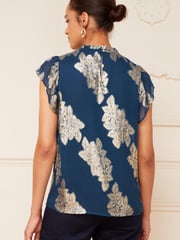 Love & Roses Green Metallic Jacqaurd Shirred Sheer Cap Sleeve Top - Image 2 of 4