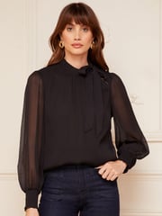 Love & Roses Black Petite Long Sleeve Tie Neck Shirred Cuff Blouse - Image 1 of 4