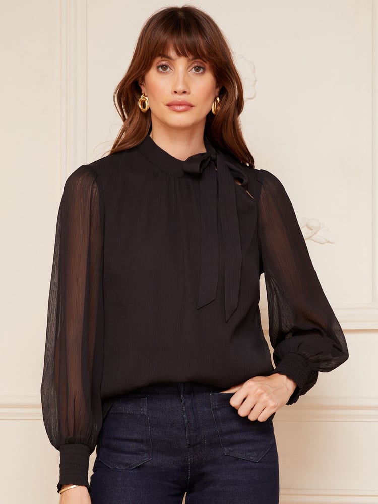 Love & Roses Black Petite Long Sleeve Tie Neck Shirred Cuff Blouse - Image 1 of 4 Love & Roses Black Petite Long Sleeve Tie Neck Shirred Cuff Blouse - Image 1 of 4